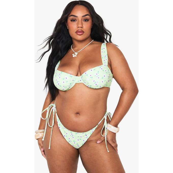 boohoo Dames Plus Floral High Waisted Tie Side Bikini Slip | Groente | Maat: 50