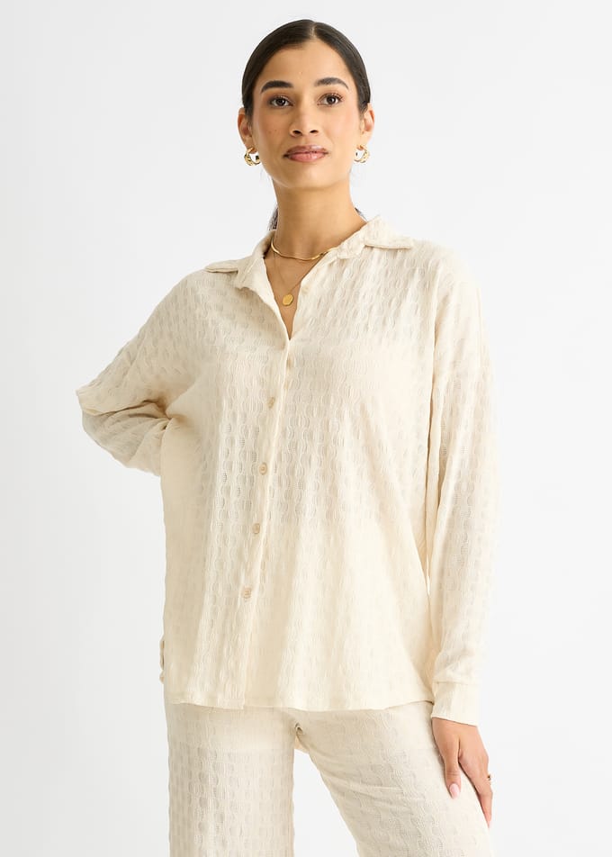 Beige getextureerd oversized shirt met lange mouwen