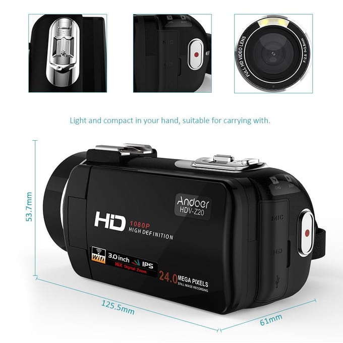 Andoer HDV-Z20 draagbare 1080P Full HD digitale videocamera met 37 mm 0,45* groothoeklens Max. 24