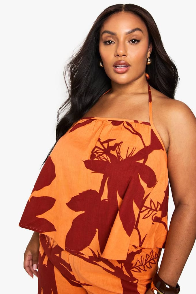 boohoo Dames Plus Abstract Floral Longline Cami | Oranje | Maat: 56