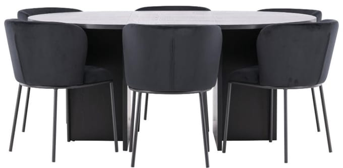 Strada eethoek uittrekbare tafel Ø120cm, 170cm en 6 stoelen zwart.