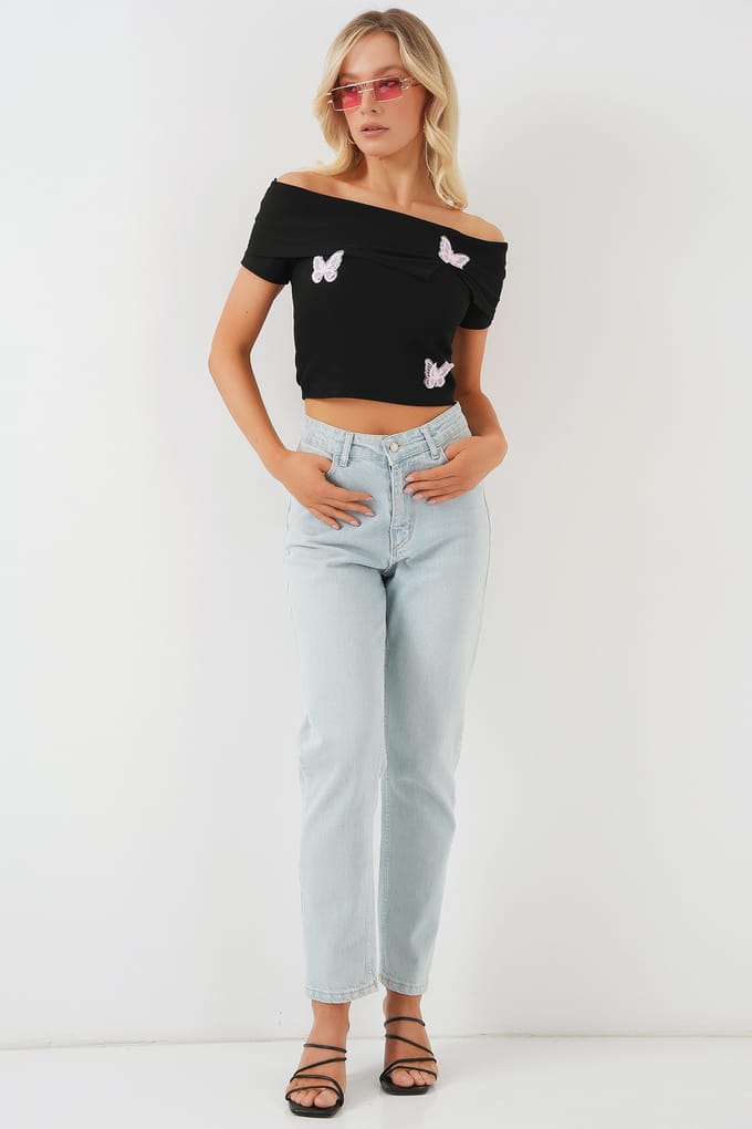 Vlinder Applique Off-Shoulder Korte Mouwen Crop Top
