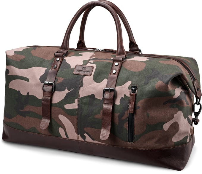 Camouflage sporttas van canvas en buffelleer met bladpatroon