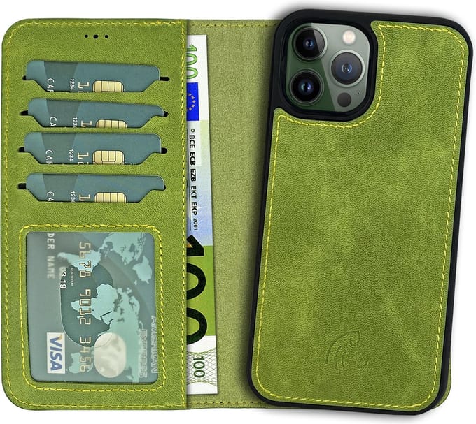 Pulledro iPhone 14 Pro compatibel leer uitneembare BookCase - Ɠold Ɠreen
