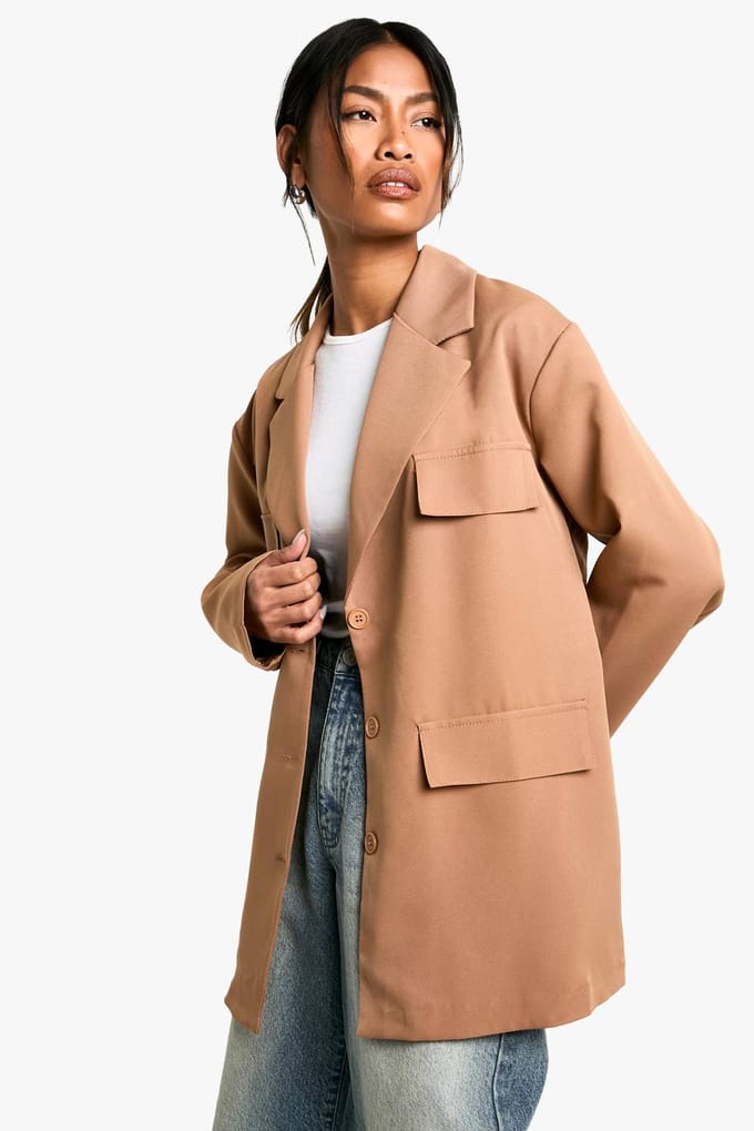 boohoo Dames Geweven Slordige Oversized Blazer met Zakken | Camel | Maat: 42