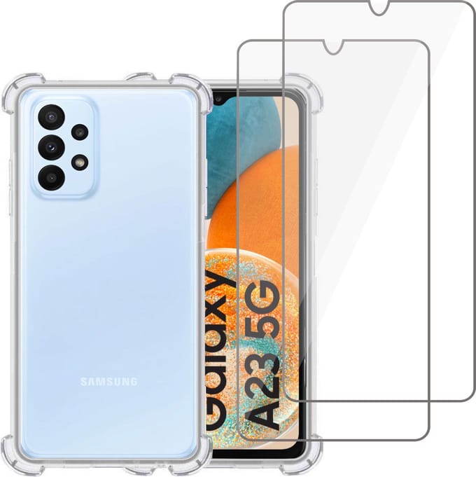Hoesje geschikt voor Samsung A23 4G / 5G + 2x Screenprotector – Tempered Glass - Extreme Shock Case Transparant