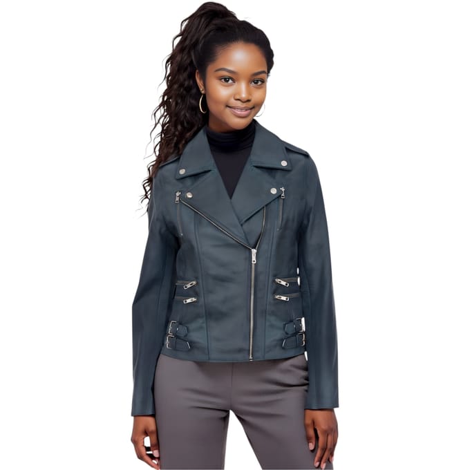 Dames leren blauwgroene Brando bikerjack - Constantia