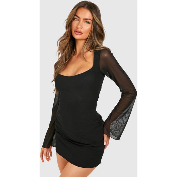 boohoo Dames Mesh Flare Sleeve Mini Jurk | Black | Maat: 8