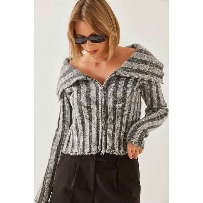 Gestreepte Fitted Crop Cardigan met Capuchon en Rits