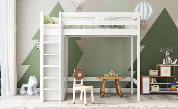 Wishdor – Kinderhoogslaper 90x200 cm – Kledingkast & 6 Planken – Klassiek Wit