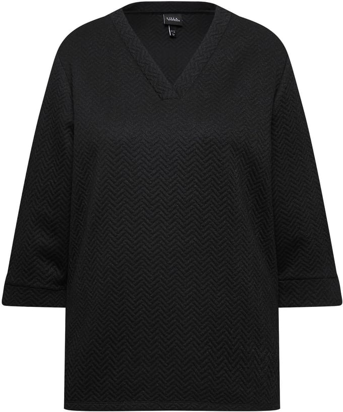 Ulla Popken - Dames - Sweatshirt structuur V-hals 3/4-mouwen - Zwart - Maat 46+
