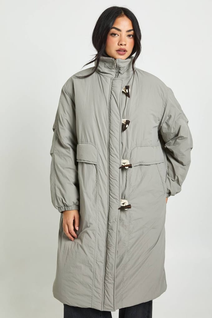boohoo Dames Maxi Puffer met toggles | Grey | Maat: 8