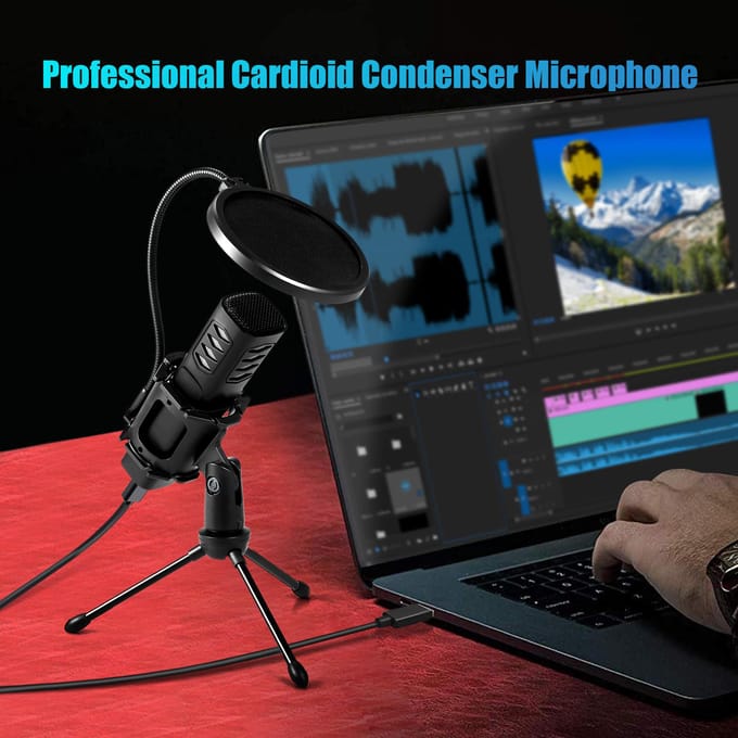 USB-microfoon, cardioïde condensatormicrofoon met statief, popfilter, schokdemper voor gamingstreaming zwart