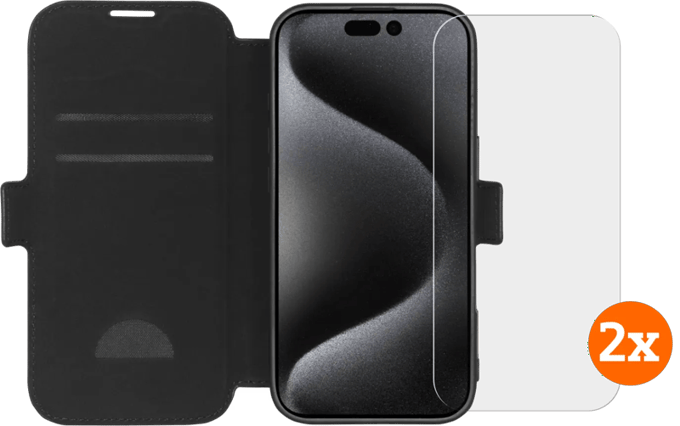 BlueBuilt Apple iPhone 16 Pro Book Case Leer Zwart + Screenprotector Glas Duo Pack