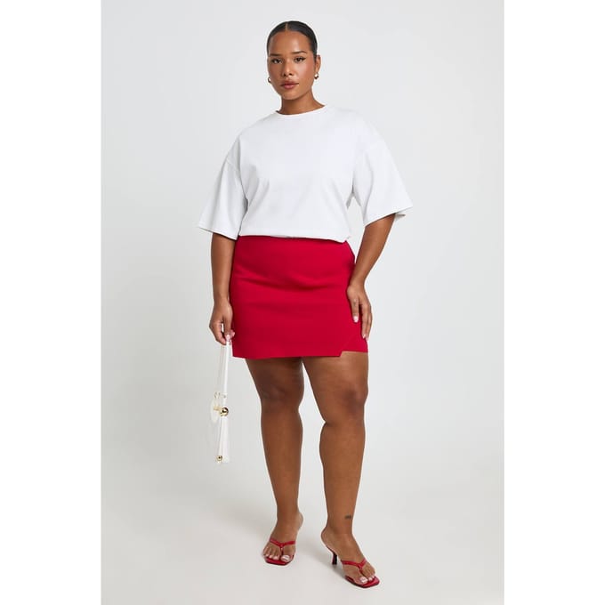 boohoo Dames Plus Bengaline Wikkel Skort | Rood | Maat: 56