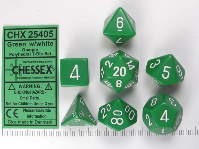 Chessex Opaak Groen wit Polydice Dobbelsteenset 7 stuks.