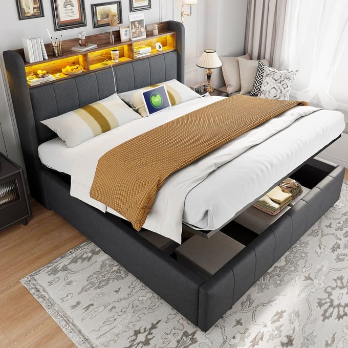 PHOEBE CAT Gestoffeerd bed - 160×200 cm - LED-verlichting - USB/Type-C - Opbergruimte - Linnen - Grijs