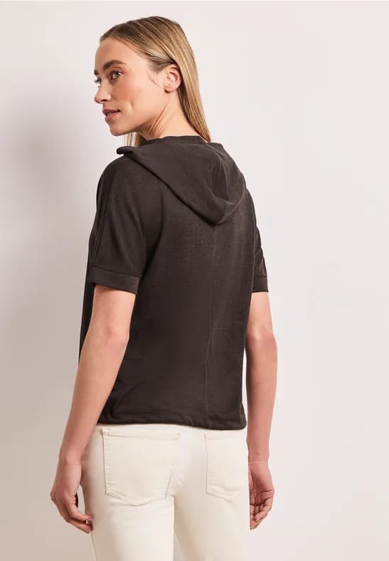 Shirt met korte mouwen en capuchon met trekkoord