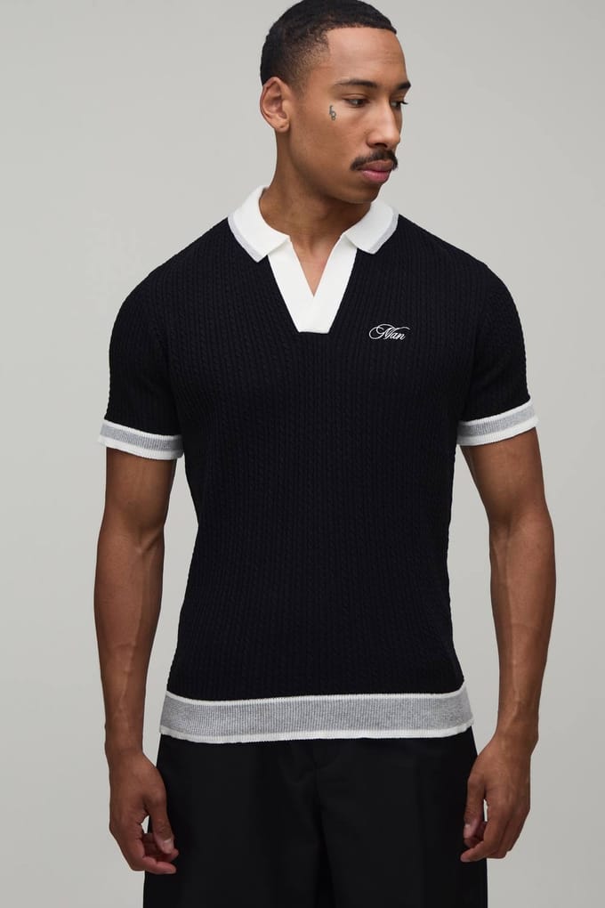 Heren Boxy Kabel Geborduurde Gebreide Polo | Black | Size Small