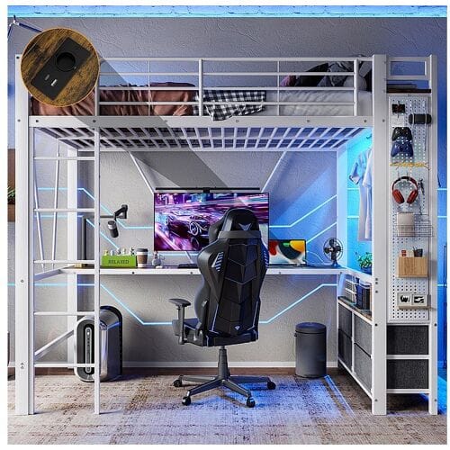 KOMHTOM Hoogslaper 90 x 200 cm, van ijzer, met bureau, kledingstang, planken, lades, USB- en Type-C-aansluitingen, ledstrip, wit