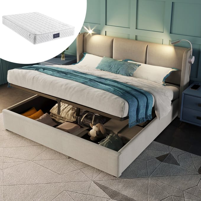 MODFU Bedframe 140x200 cm – Beige linnen met leeslamp & USB – Hydraulisch