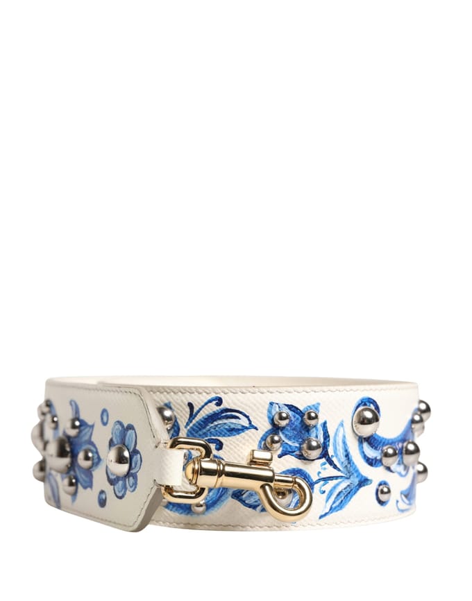 Dolce & Gabbana Witte Blauwe Bloemen Leren Stud Accessoire Schouderband