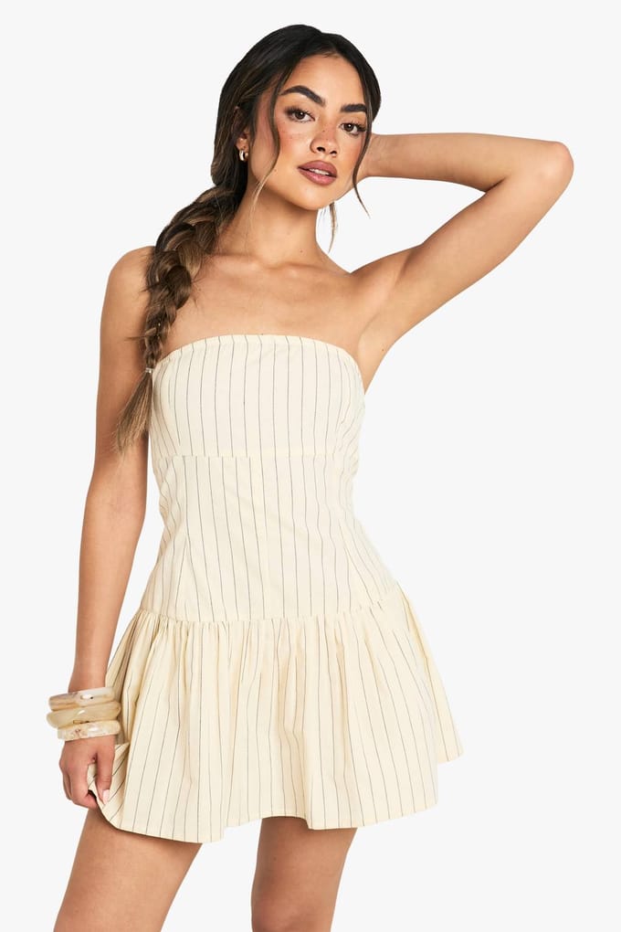 boohoo Dames Stripe Linen Look Button Down Peplum Mini Jurk | Ecru | Maat: 42