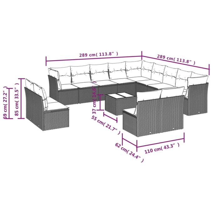 vidaXL - 14-delige - Loungeset - met - kussens - poly - rattan - grijs