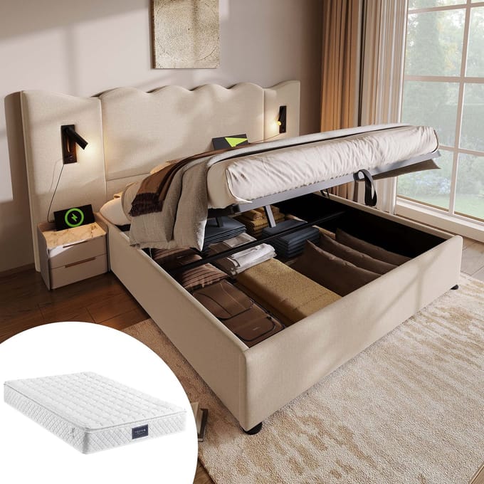 MODFU Bedframe 160x200 cm – Linnen beige – Met leeslamp, USB-C, opbergruimte & matras
