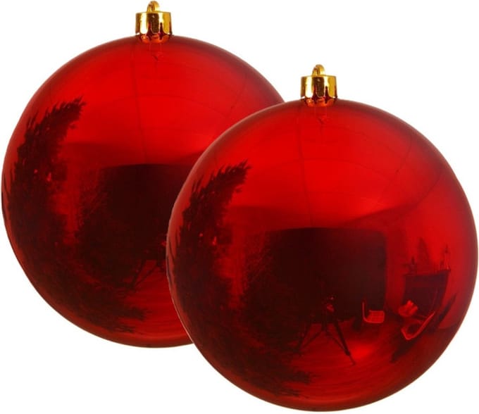 Decoris Kerstbal - 2x - rood - groot - 14 cm - kunststof - glans - kerstversiering