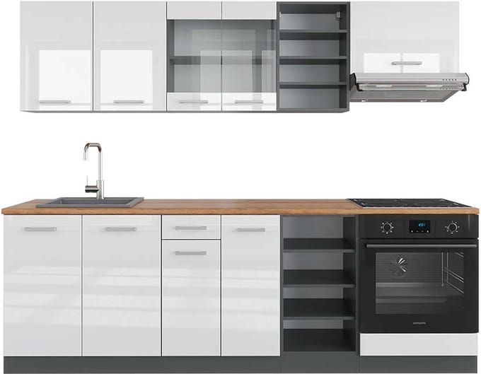 Vicco R-Line Complete keukeneenheid – 240 cm, WB Eik Wit hoogglans/antraciet