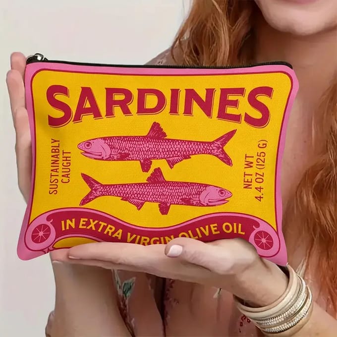 Retro Sardines Make-up Etui - Unisex Polyester Toilettas met Rits, Hypoallergeen en Trendy Visblikprint