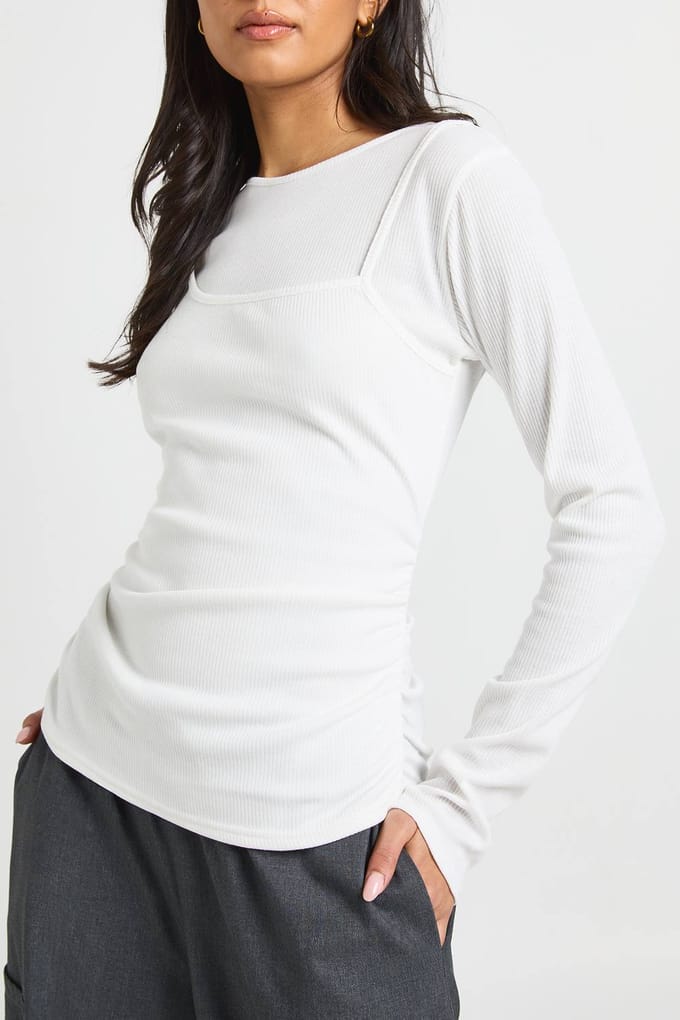 boohoo Dames Vest Dubbele Laag Lange Mouw Top | White | Maat: 8