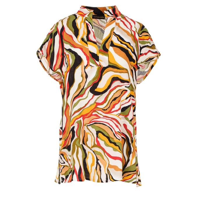 Mouwloze top met baksteenkleurige swirlprint