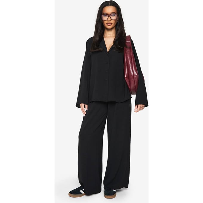 boohoo Dames Geweven Oversized Shirt & Trekknoop Broek Co-ord | Black | Maat: 8