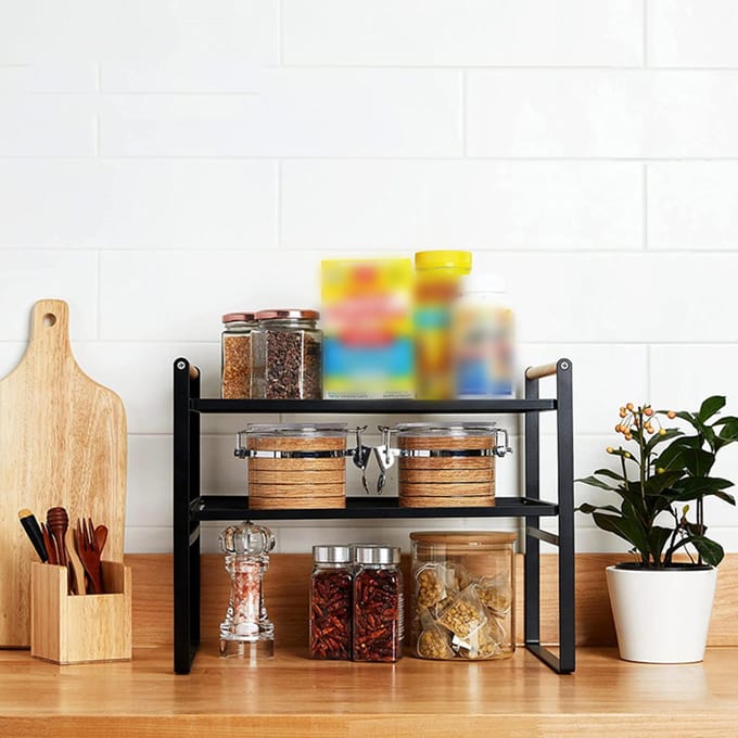 Dubbellaags Keuken Opbergrek 2 Laags Antislip Multifunctioneel Keuken Organizer Schap Zwart black