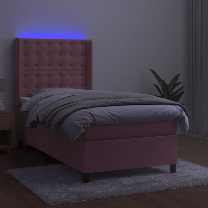 vidaXL - Boxspring - met - matras - en - LED - fluweel - roze - 80x200 - cm