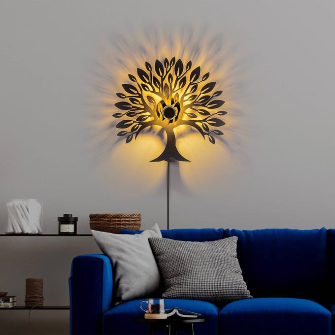 Opviq Wandlamp Heart Tree V2, zwart, metaal, stekker, schakelaar