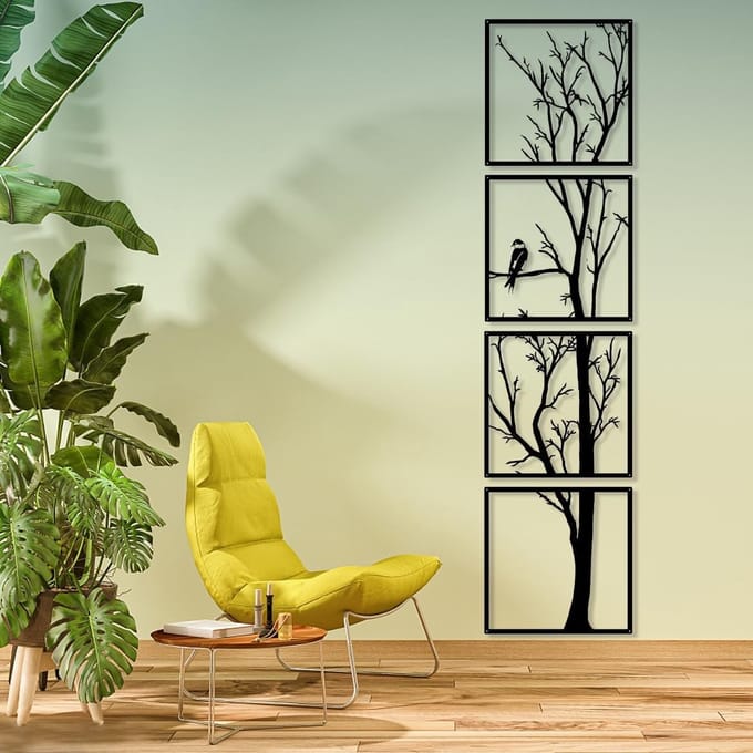 Moderne Wanddecoratie van Metaal - 4 Panelen met Boomontwerp, Perfect voor Lente en Interieurstyling