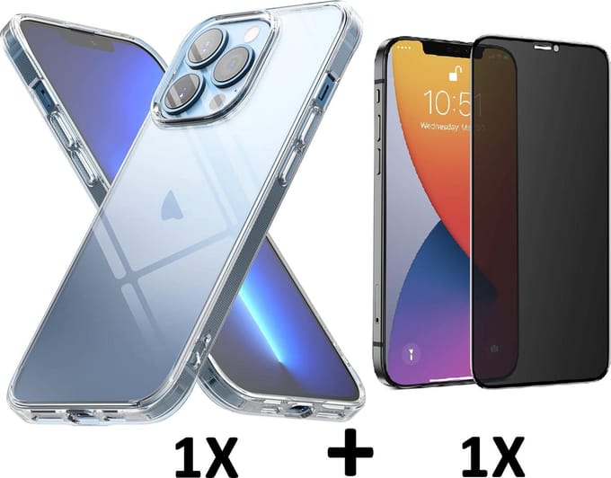 HB Hoesje Geschikt voor Apple iPhone 13 Pro Max - Transparant / Privacy Glazen Screenprotector - Siliconen Back Cover