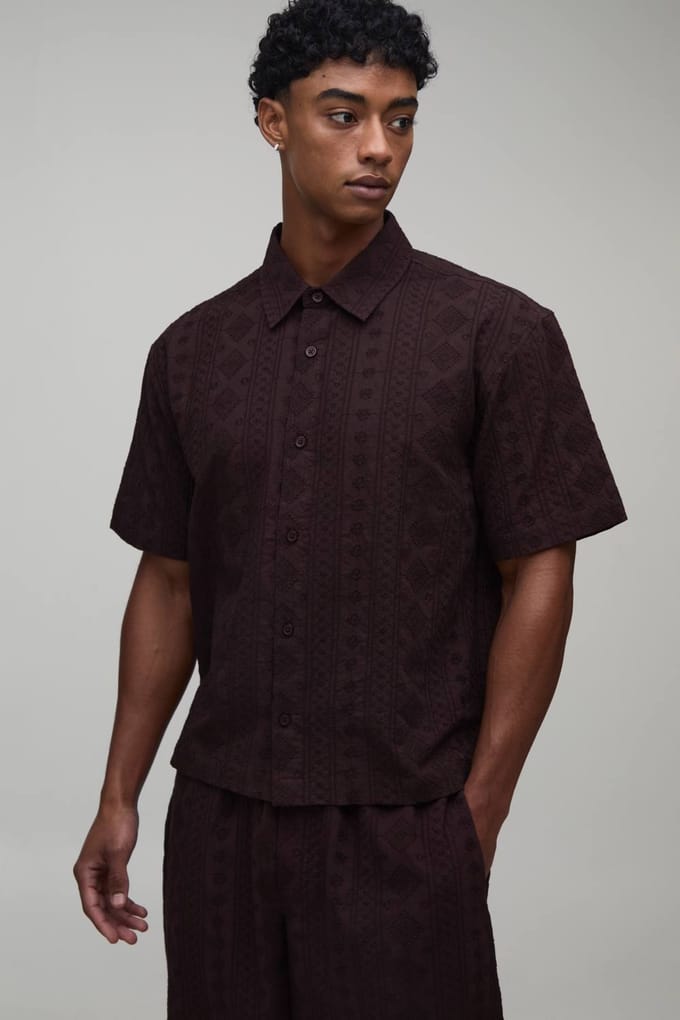 Cotton Embroidered Oversized Boxy Shirt & Extended Drawcord Baggy Trouser Set | Chocolate | Size Medium