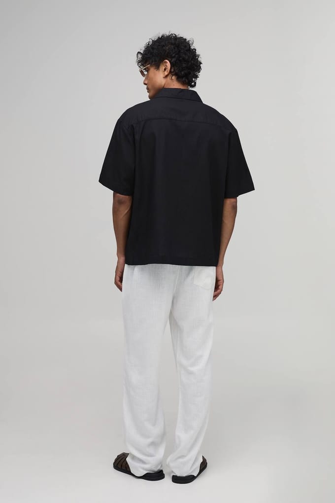 Oversized Linnen Blend Shirt Met Bloemenprint En Borstzak | Black | Size Medium