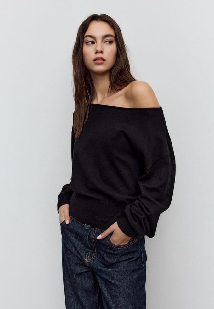 Stradivarius Asymmetrische tricot trui  Zwart S