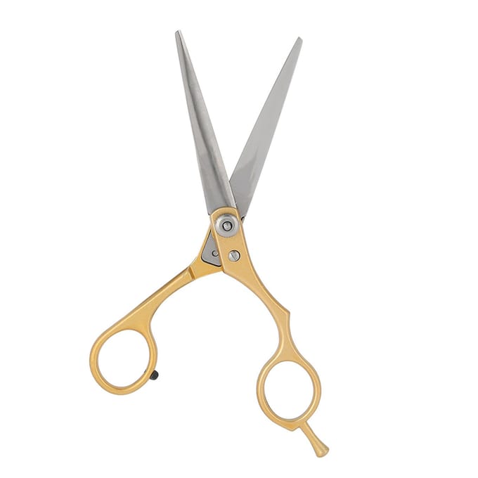 Professionele kappersschaar, kappersschaar, familiesalon, platte tanden, kappersgereedschap, goudkleurig gray