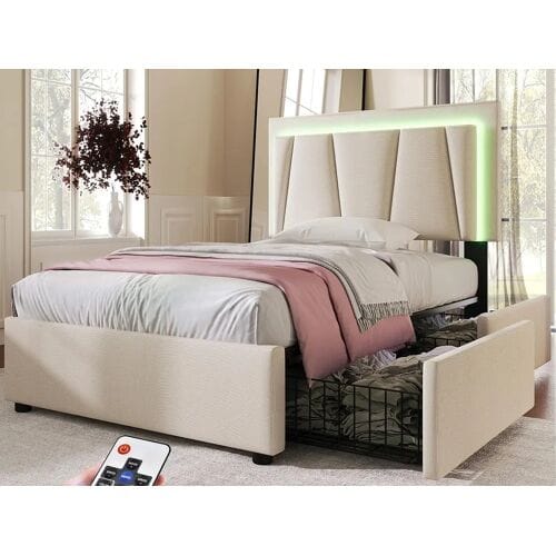 ModernLuxe Gestoffeerd bed 90x200cm in linnen - met 2 lades + LED + lattenbodem - Beige