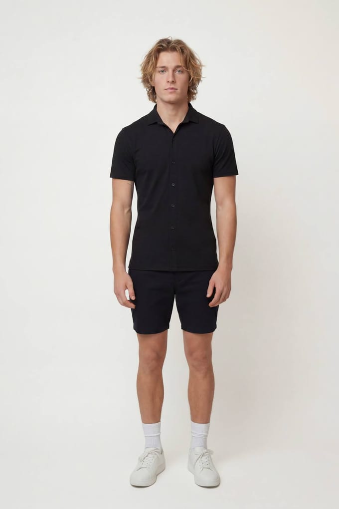 Korte Mouw Muscle Fit Jersey Overhemd | Black | Size Small