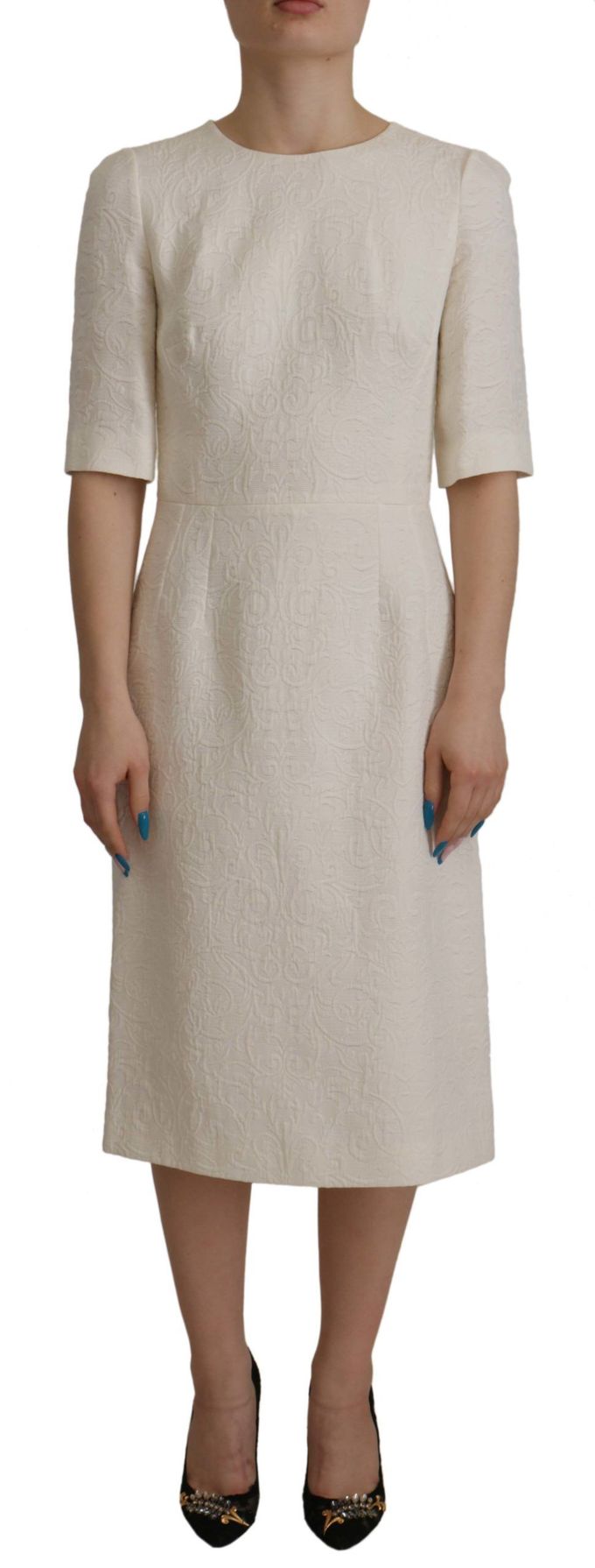 Dolce & Gabbana Witte Jacquard Midi Bloemen Slank Brocade Damesjurk