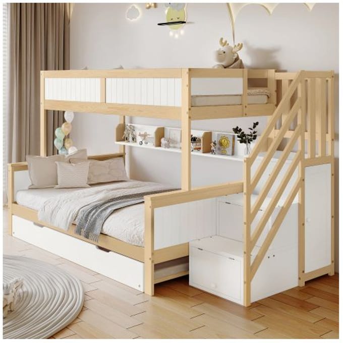 Stapelbed - MUVOE - Wit + Naturel - 90x200 cm - Massief hout - 2/3 persoons wit
