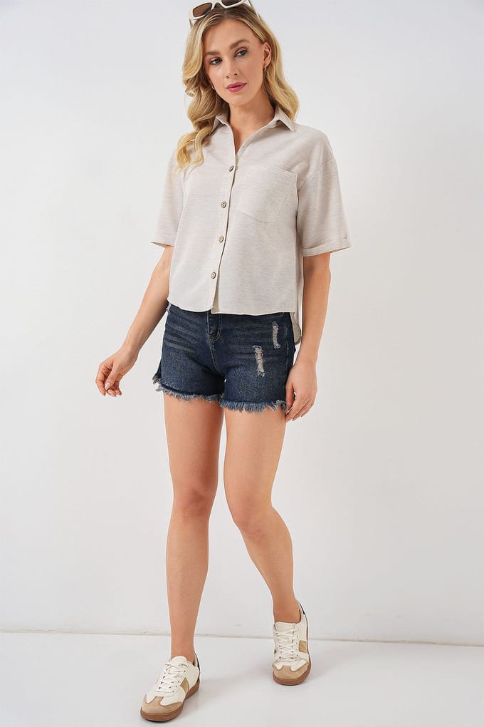 Linnen Gemengd Korte Mouwen Knopfhemd Crop Top