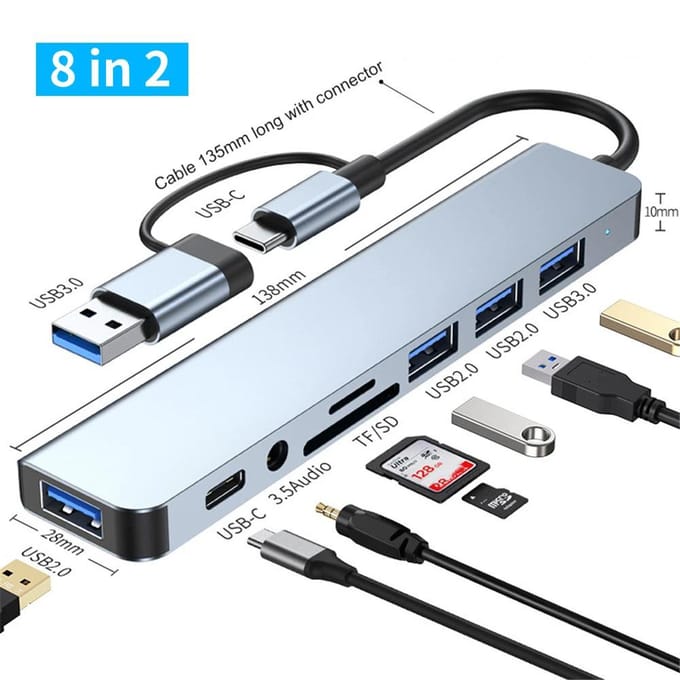 8 in 2 USB C HUB USB 3.0 Type C Dockingstation 5Gbps Hoge Snelheid Transmissie USB Splitter Type C naar USB OTG Adapter 8 in 2 gray